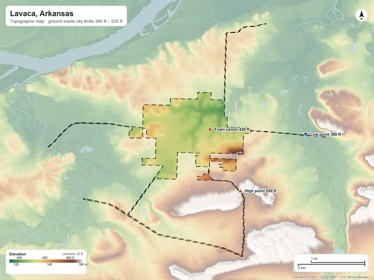 Topographic elevation map of Lavaca, Arkansas, shaded from 380 ft on the east side to 520 ft on the southeast side