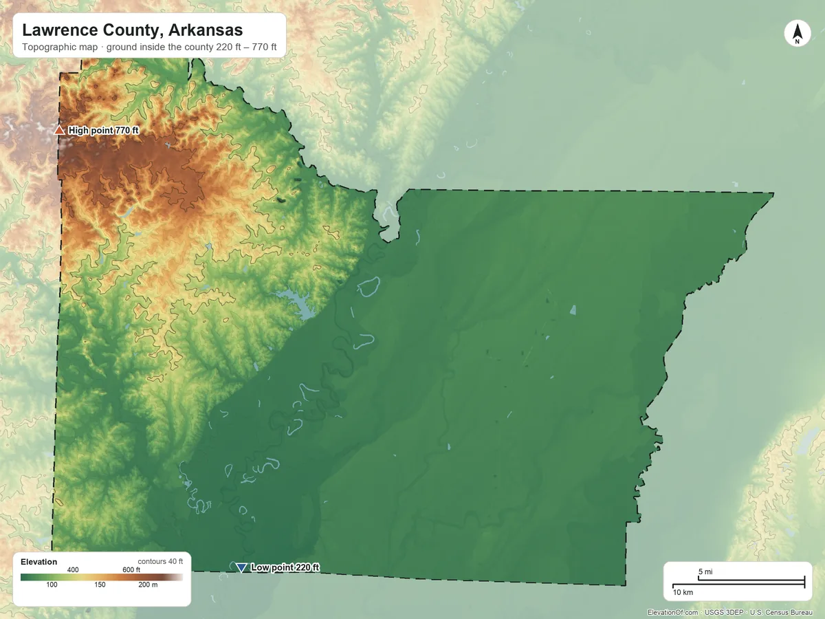 Topographic elevation map of Lawrence County, Arkansas, shaded from 220 ft on the southwest side to 770 ft on the northwest side