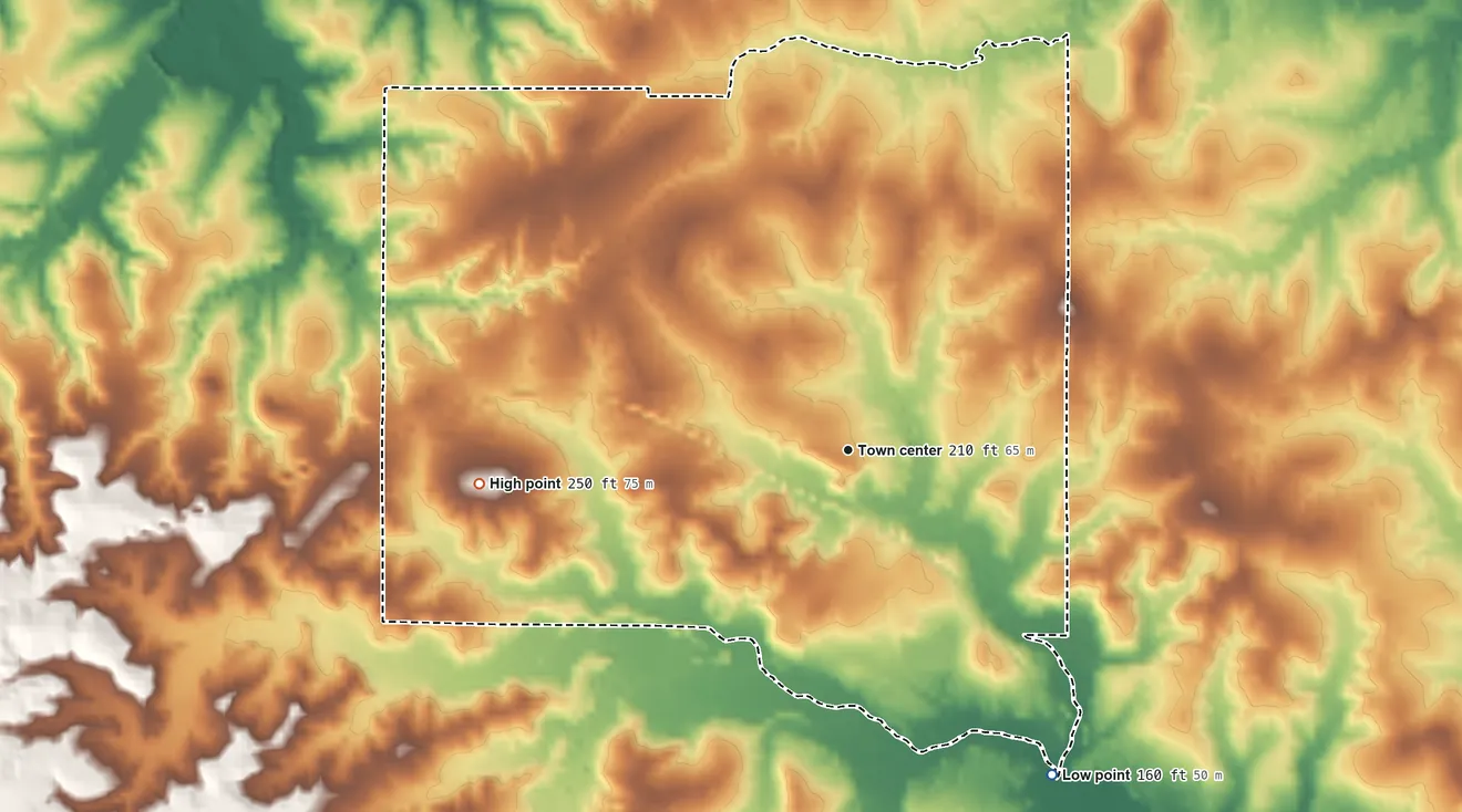 Topographic elevation map of Lawson, Arkansas, shaded from 160 ft on the southeast side to 250 ft on the west side