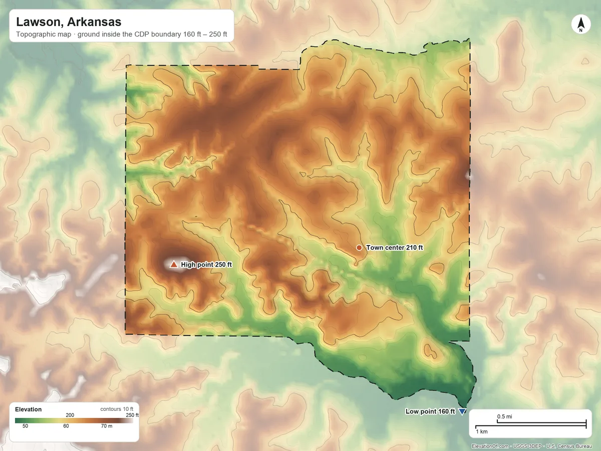 Topographic elevation map of Lawson, Arkansas, shaded from 160 ft on the southeast side to 250 ft on the west side