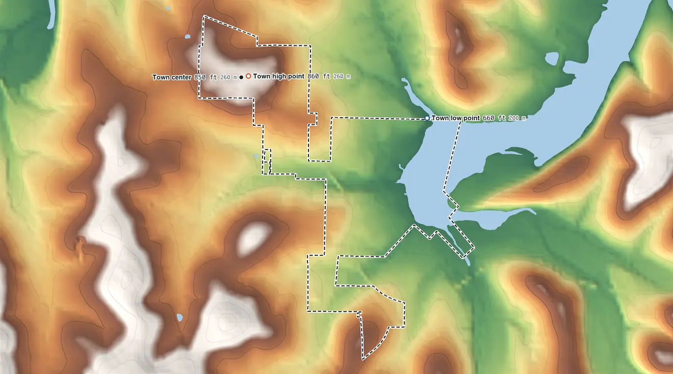 Topographic elevation map of Lead Hill, Arkansas, shaded from 660 ft on the east side to 860 ft near the middle