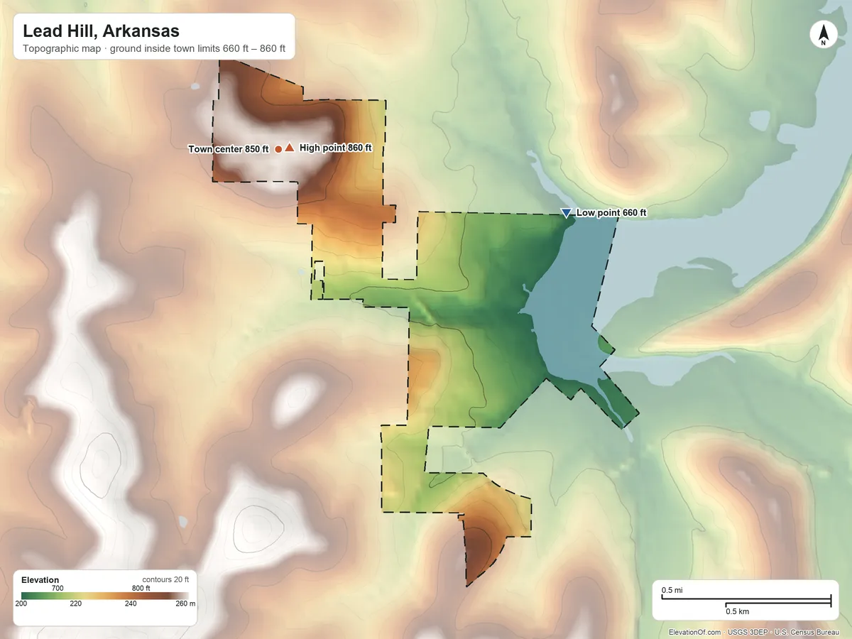 Topographic elevation map of Lead Hill, Arkansas, shaded from 660 ft on the east side to 860 ft near the middle