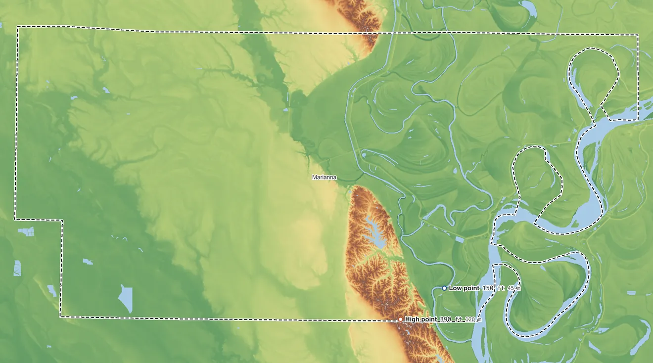 Topographic elevation map of Lee County, Arkansas, shaded from 150 ft on the southeast side to 390 ft on the southeast side