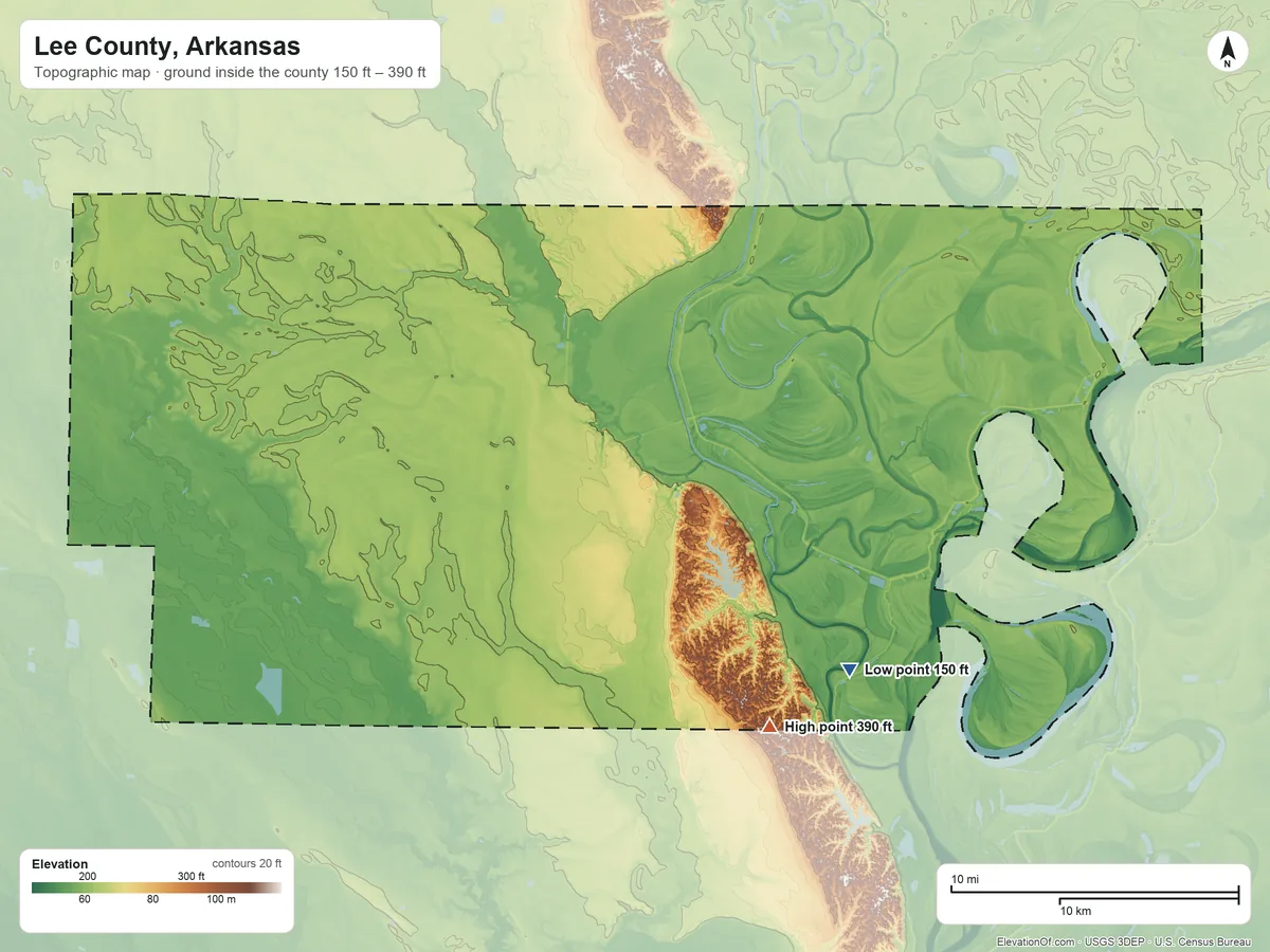 Topographic elevation map of Lee County, Arkansas, shaded from 150 ft on the southeast side to 390 ft on the southeast side