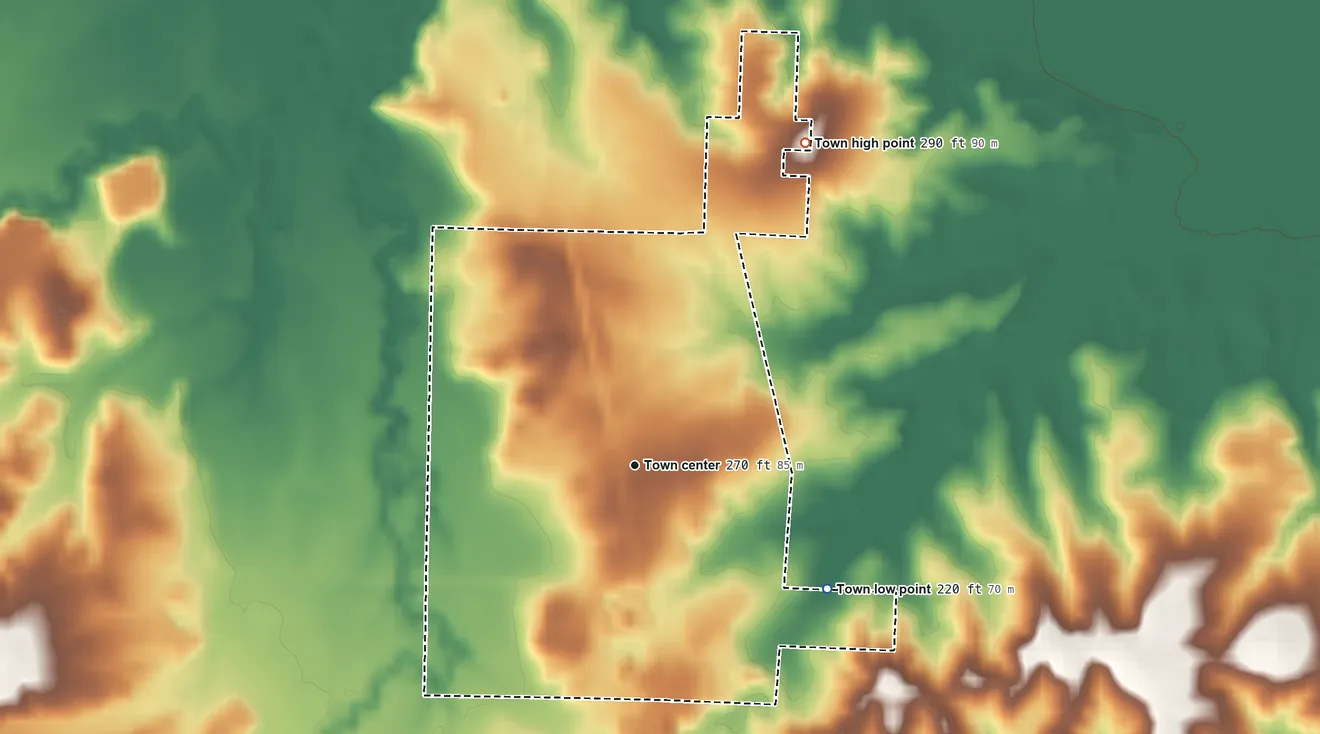 Topographic elevation map of Leola, Arkansas, shaded from 220 ft on the southeast side to 290 ft on the northeast side