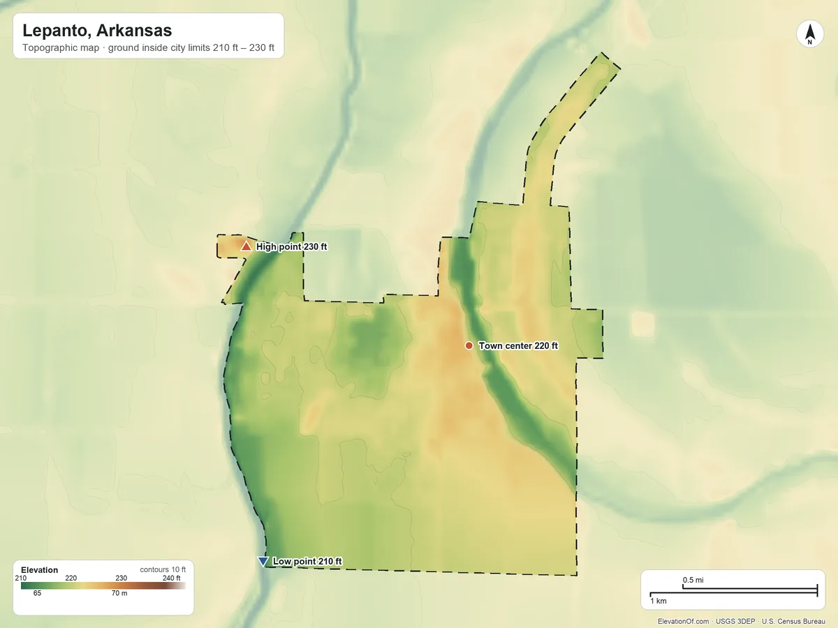 Topographic elevation map of Lepanto, Arkansas, shaded from 210 ft on the southwest side to 230 ft on the northwest side