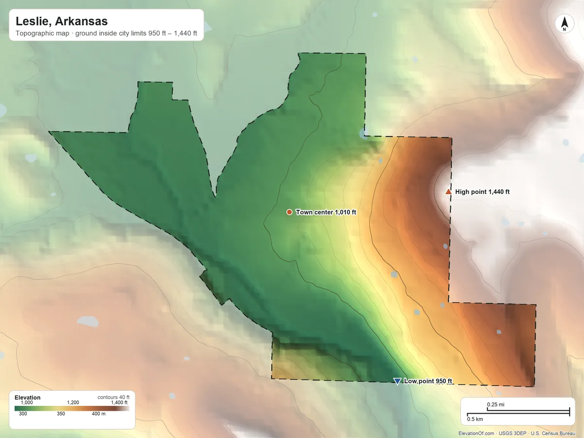 Topographic elevation map of Leslie, Arkansas, shaded from 950 ft on the southeast side to 1,440 ft on the east side