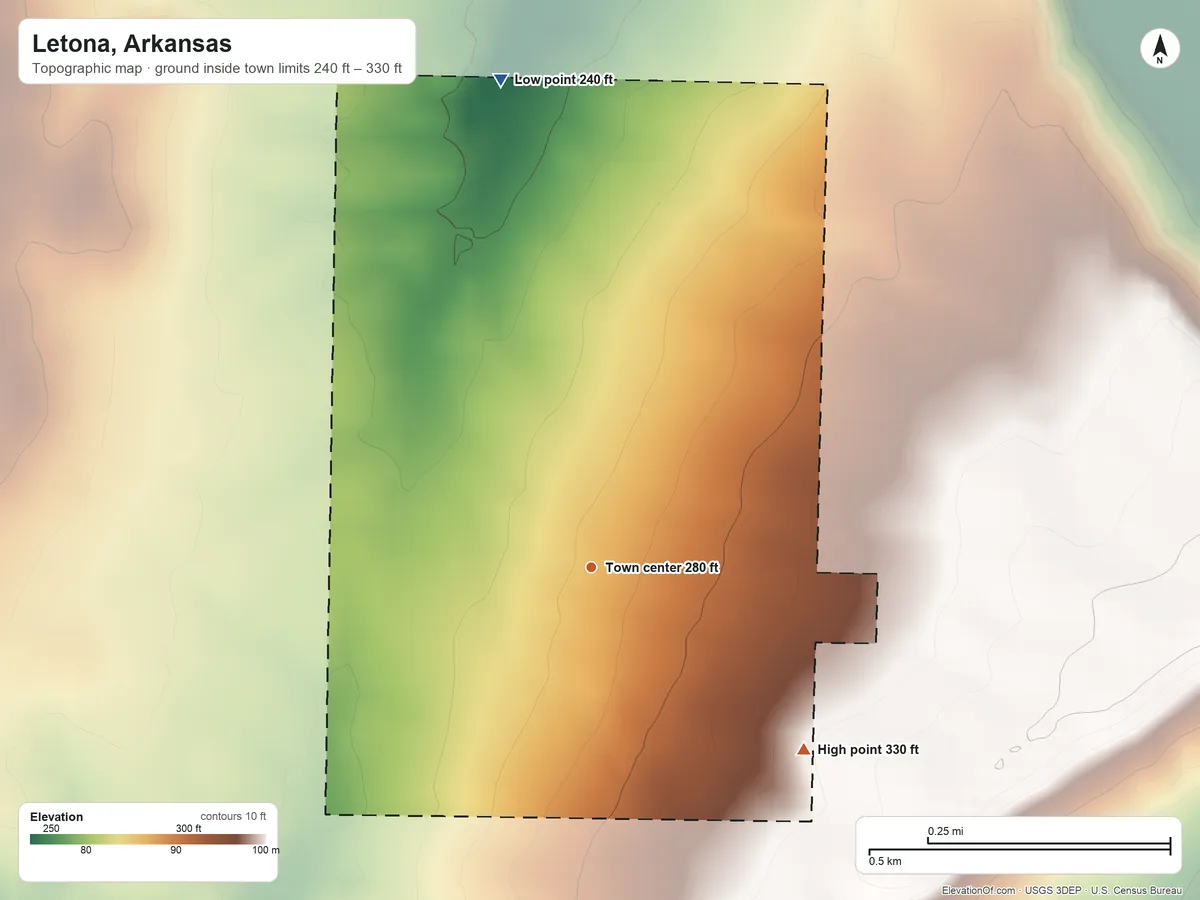 Topographic elevation map of Letona, Arkansas, shaded from 240 ft on the north side to 330 ft on the southeast side