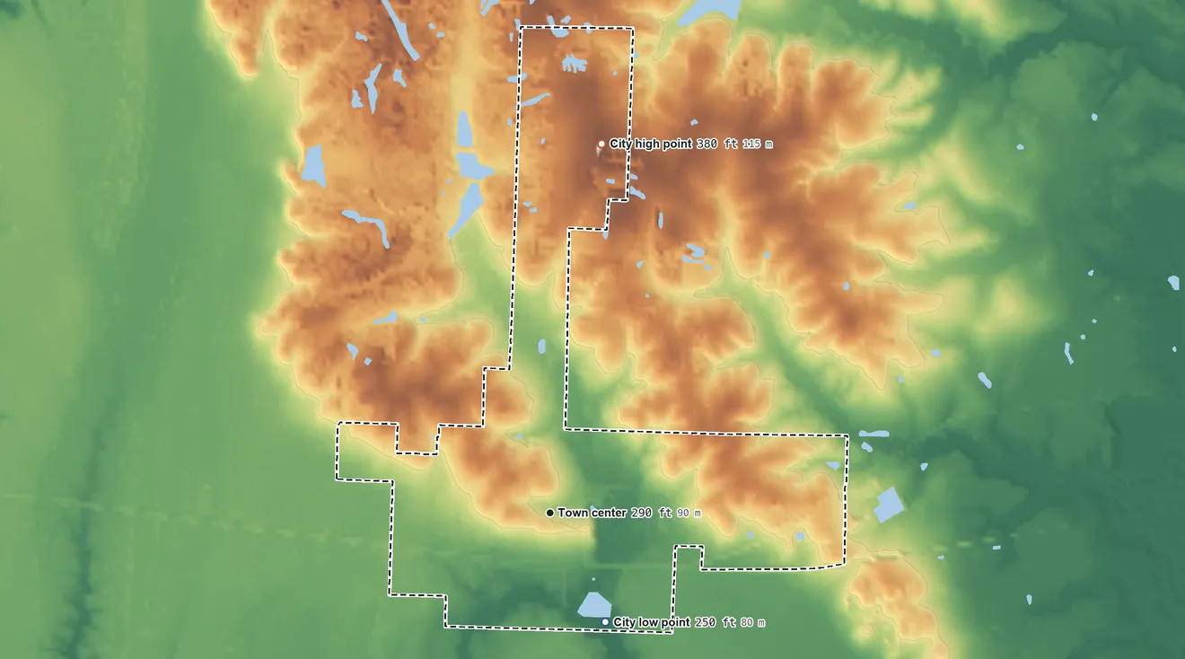 Topographic elevation map of Lewisville, Arkansas, shaded from 250 ft on the southeast side to 380 ft on the north side