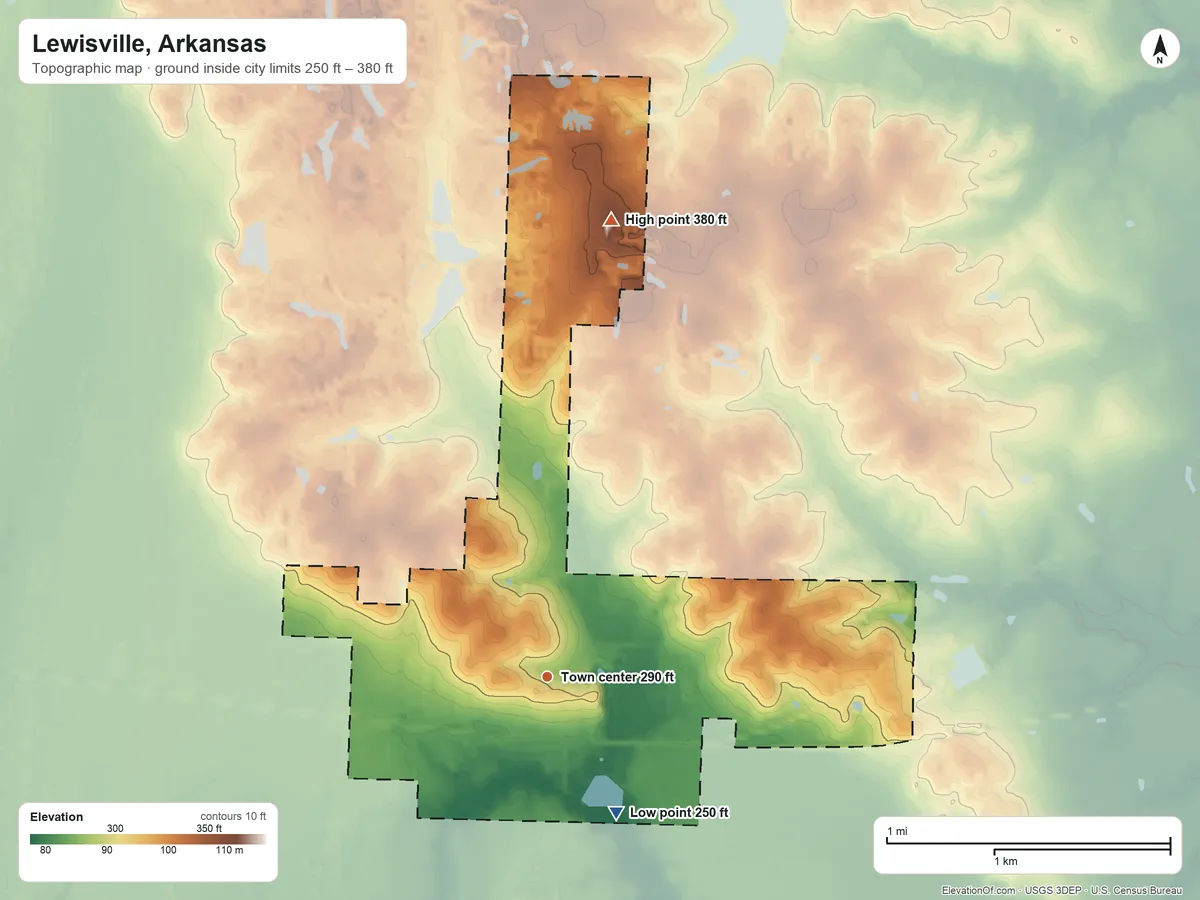 Topographic elevation map of Lewisville, Arkansas, shaded from 250 ft on the southeast side to 380 ft on the north side