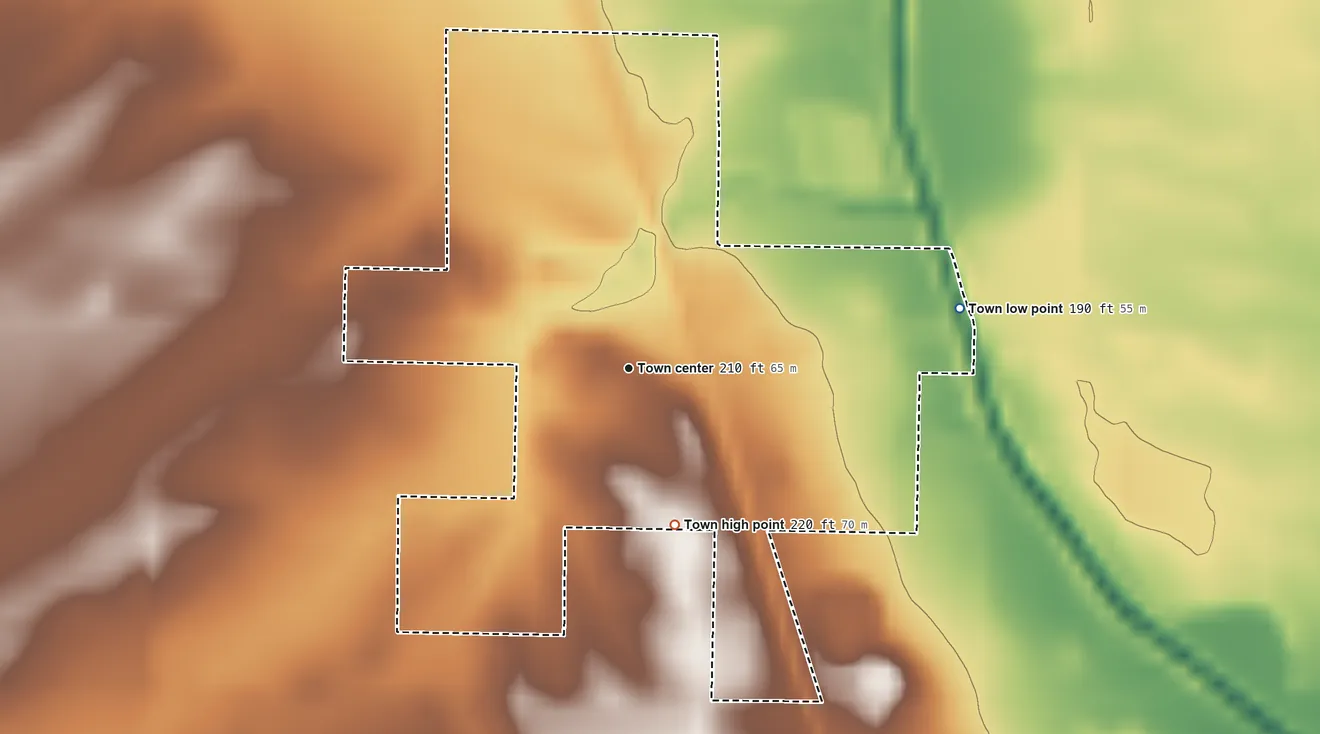 Topographic elevation map of Lexa, Arkansas, shaded from 190 ft on the east side to 220 ft on the south side