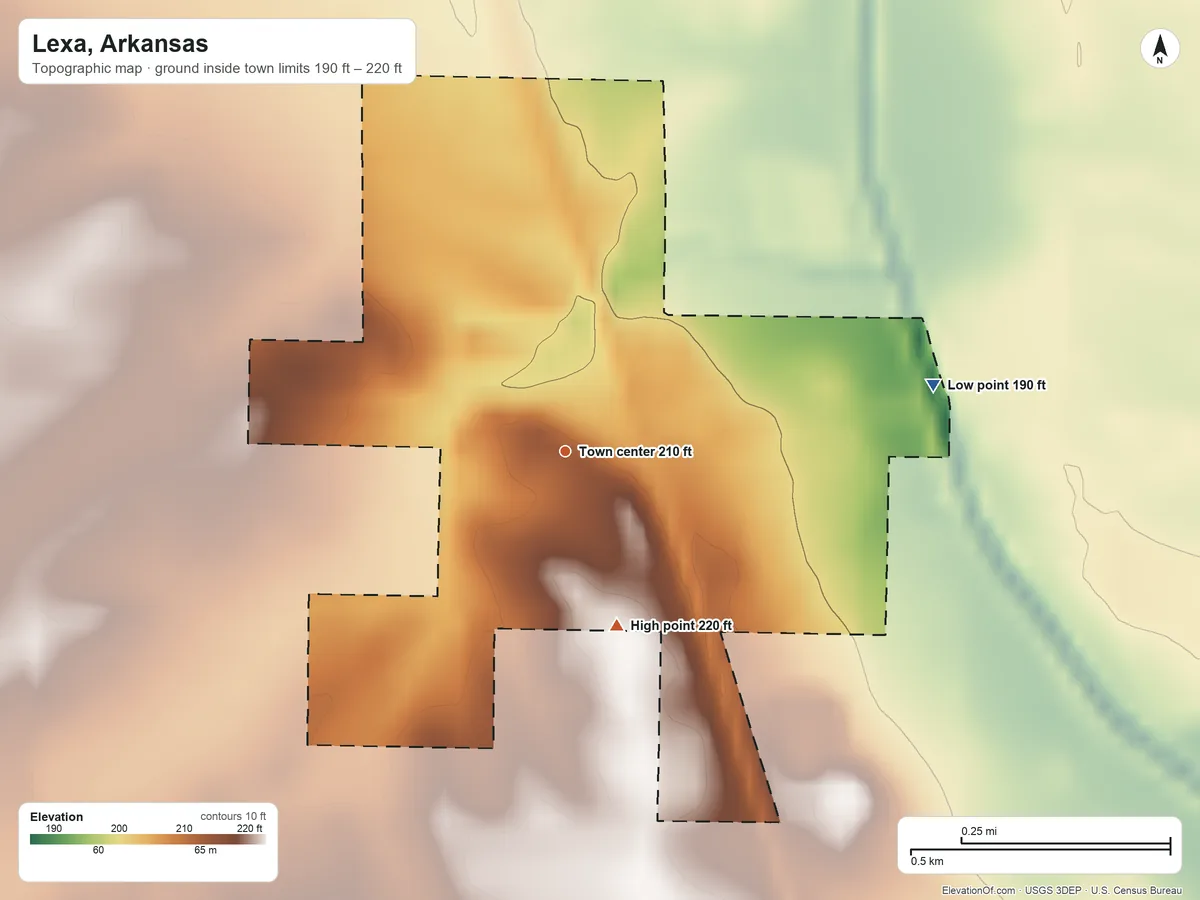 Topographic elevation map of Lexa, Arkansas, shaded from 190 ft on the east side to 220 ft on the south side