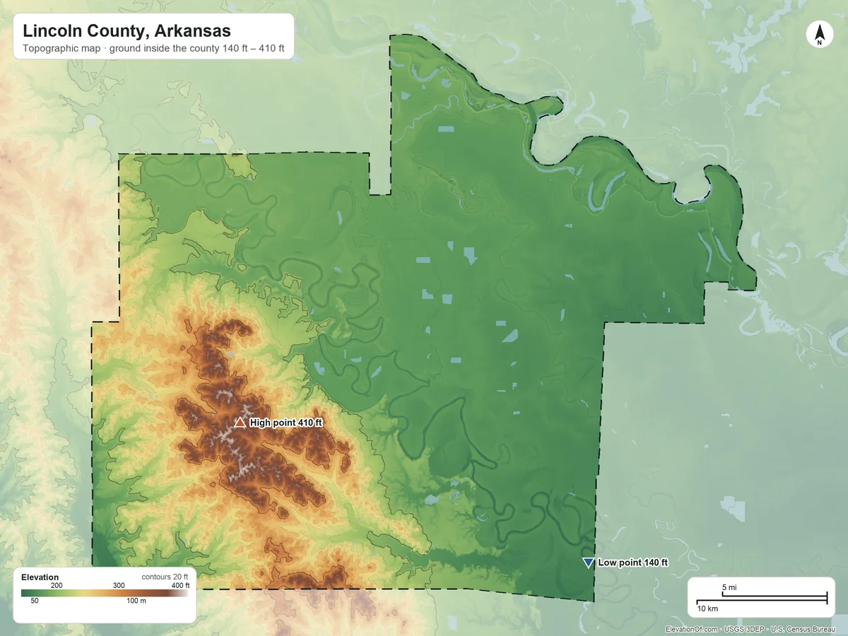 Topographic elevation map of Lincoln County, Arkansas, shaded from 140 ft on the southeast side to 410 ft on the southwest side