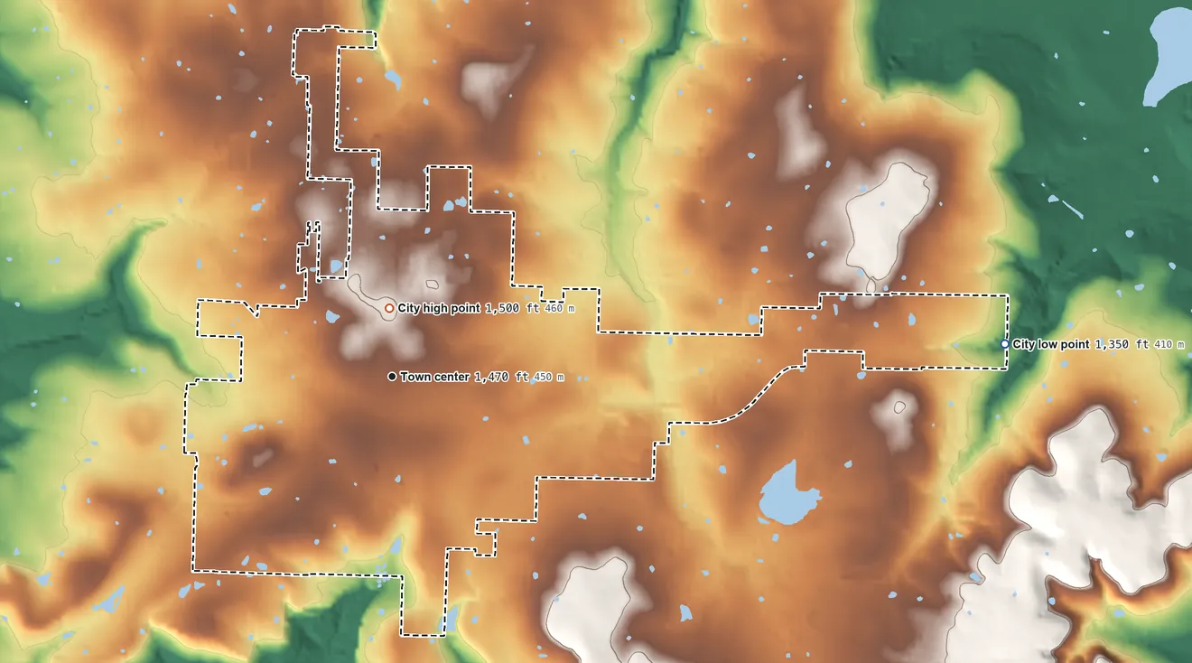 Topographic elevation map of Lincoln, Arkansas, shaded from 1,350 ft on the east side to 1,500 ft near the middle