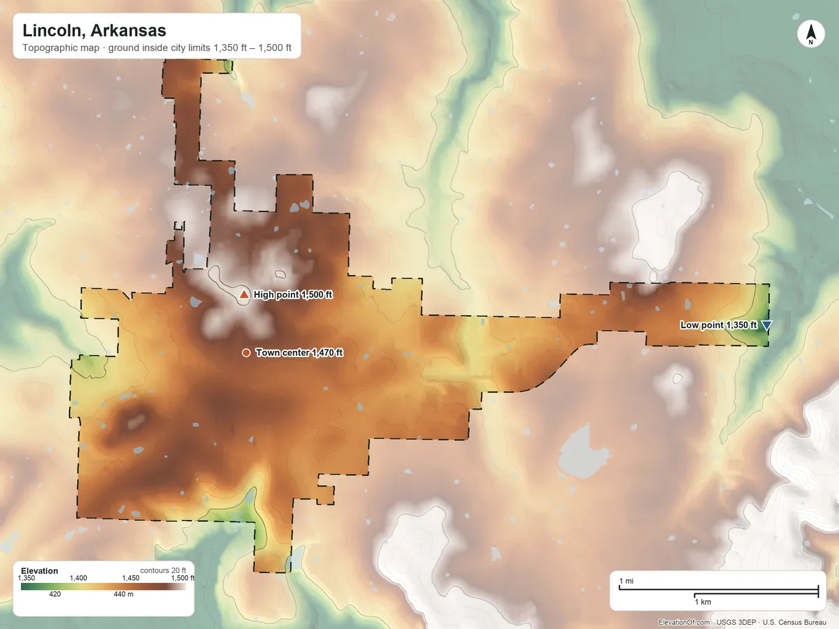 Topographic elevation map of Lincoln, Arkansas, shaded from 1,350 ft on the east side to 1,500 ft near the middle