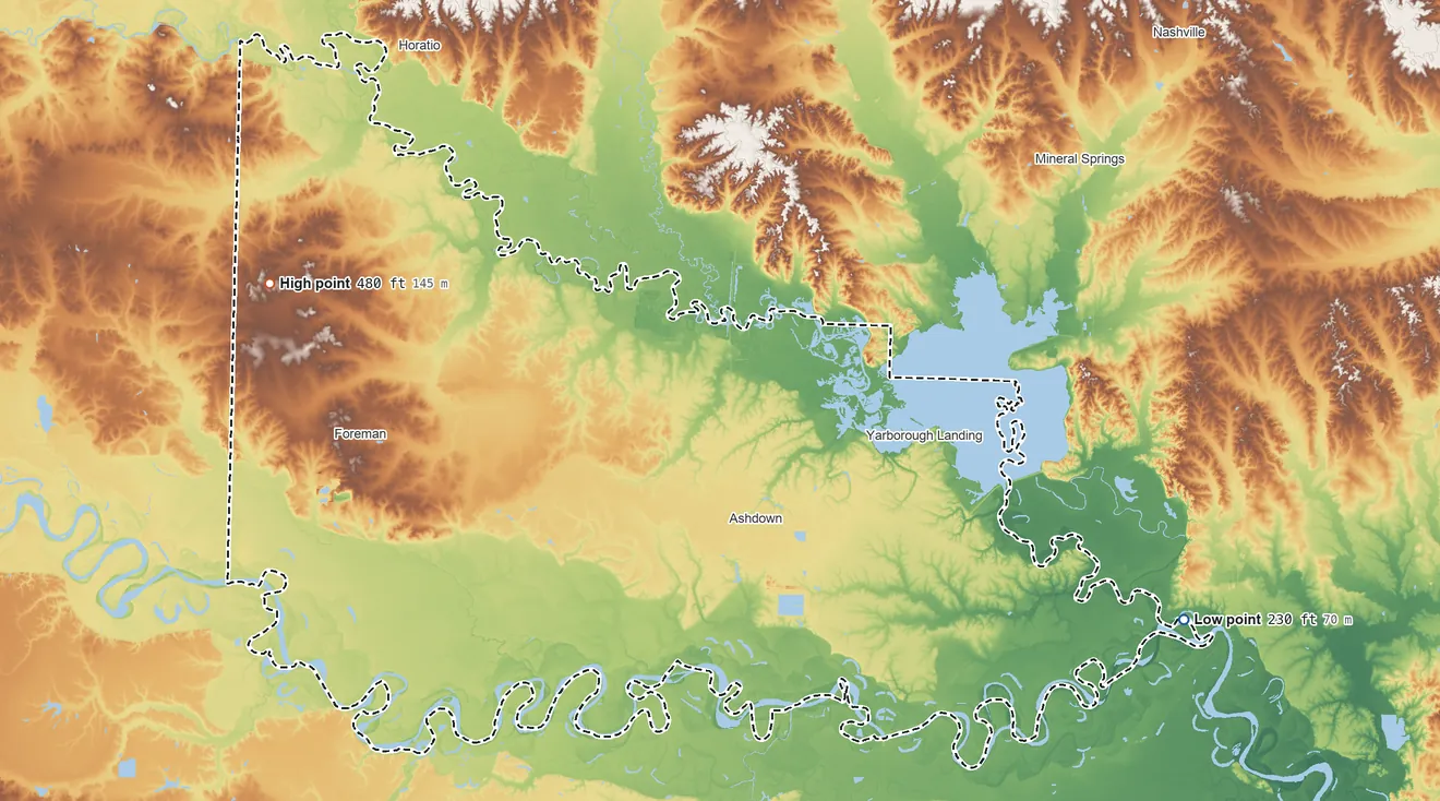 Topographic elevation map of Little River County, Arkansas, shaded from 230 ft on the southeast side to 480 ft on the west side