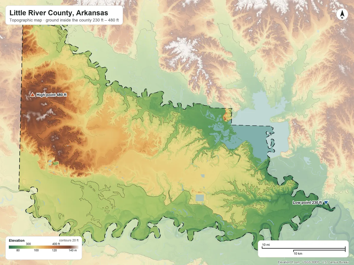 Topographic elevation map of Little River County, Arkansas, shaded from 230 ft on the southeast side to 480 ft on the west side