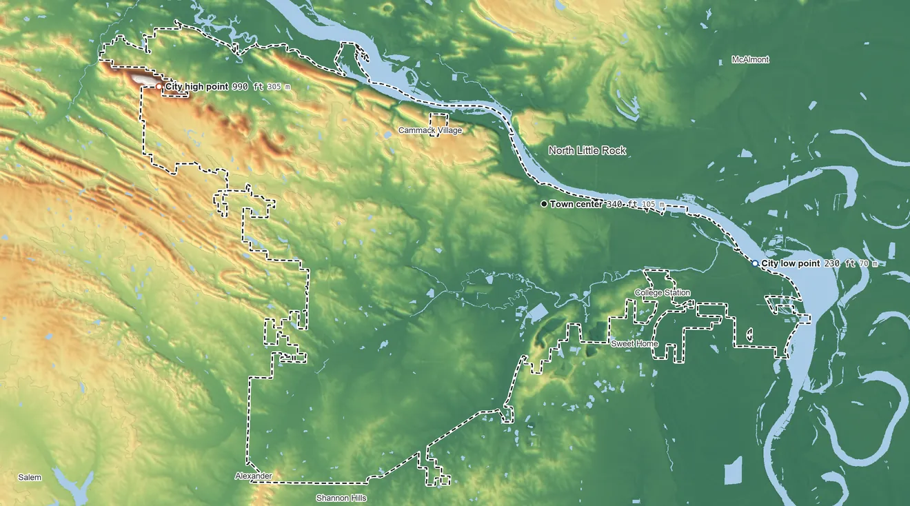 Topographic elevation map of Little Rock, Arkansas, shaded from 230 ft on the east side to 990 ft on the west side