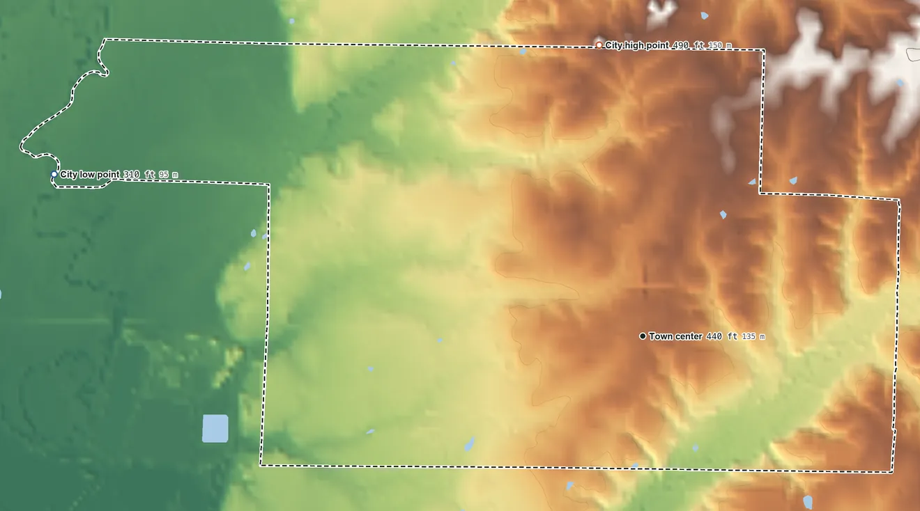 Topographic elevation map of Lockesburg, Arkansas, shaded from 310 ft on the west side to 490 ft on the north side