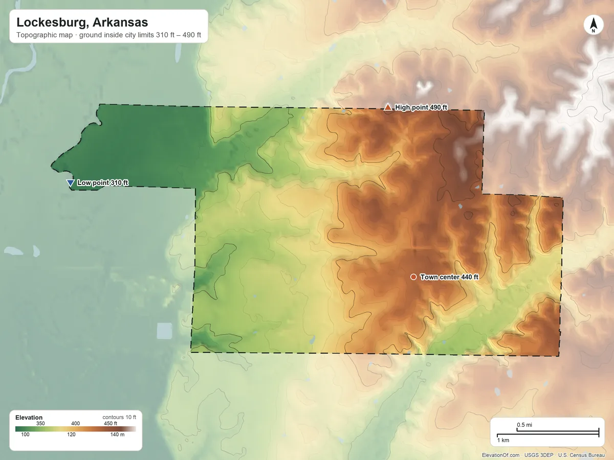 Topographic elevation map of Lockesburg, Arkansas, shaded from 310 ft on the west side to 490 ft on the north side