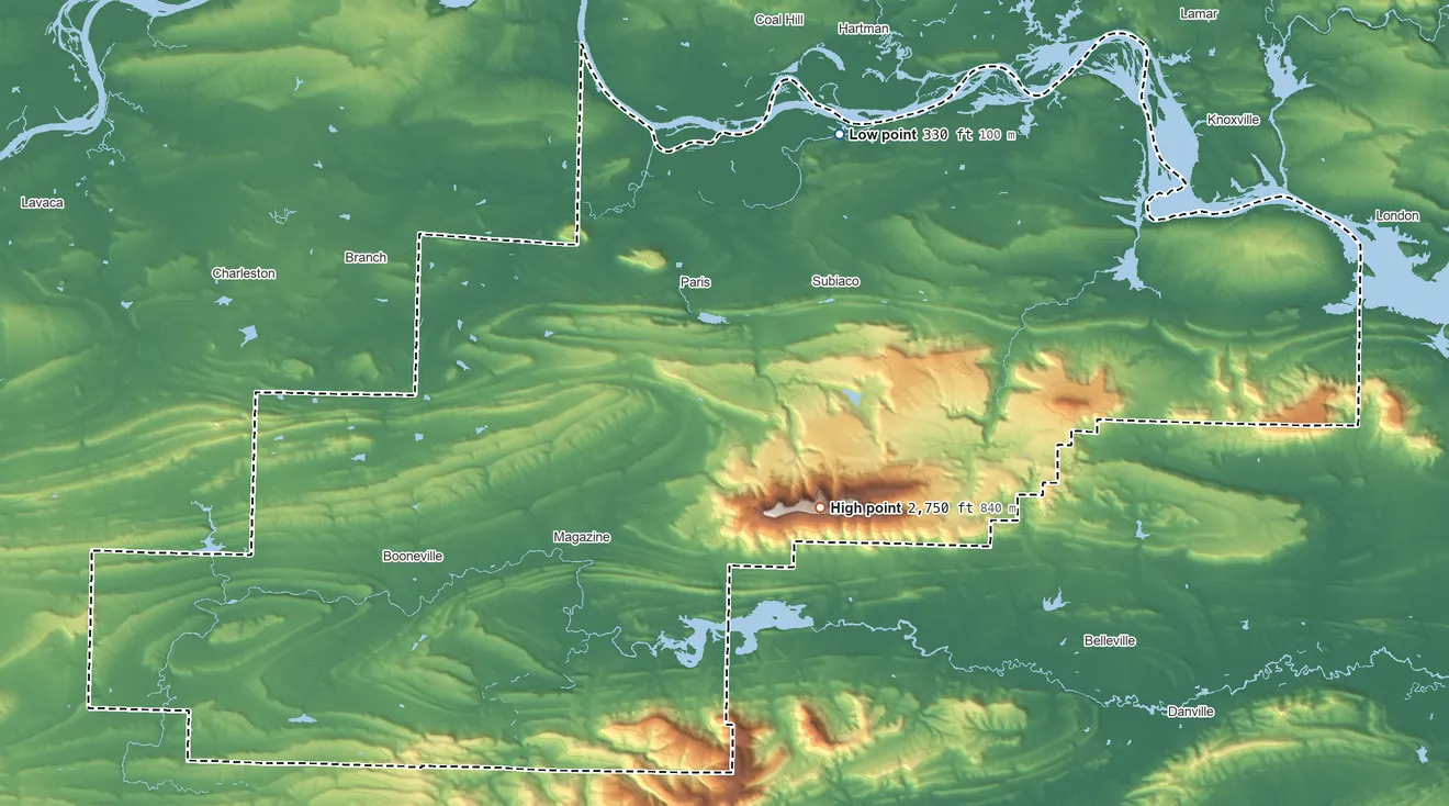 Topographic elevation map of Logan County, Arkansas, shaded from 330 ft on the northeast side to 2,750 ft on Signal Hill