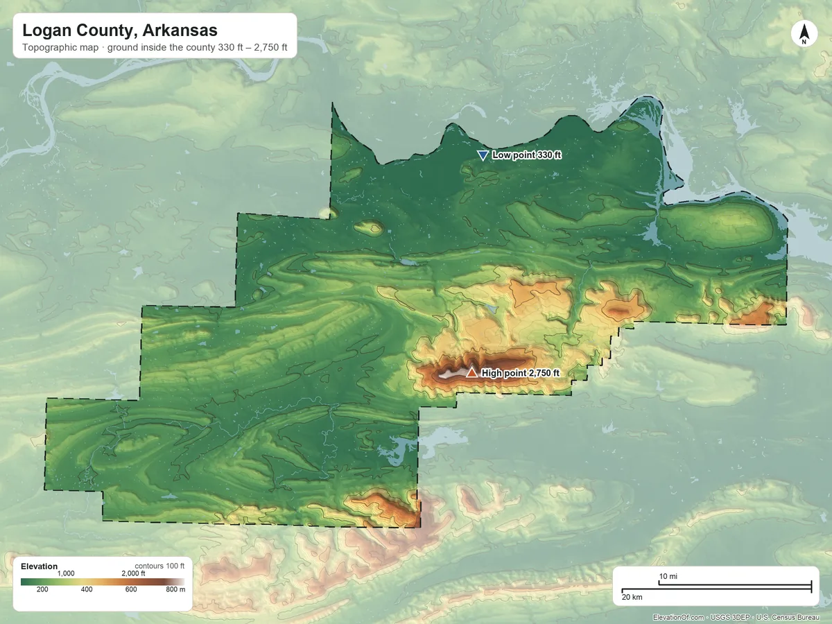 Topographic elevation map of Logan County, Arkansas, shaded from 330 ft on the northeast side to 2,750 ft on Signal Hill