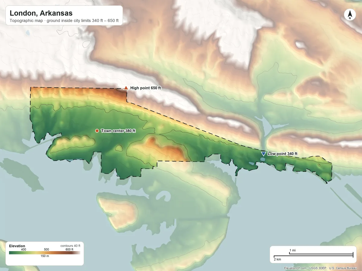 Topographic elevation map of London, Arkansas, shaded from 340 ft on the east side to 650 ft on the northeast side