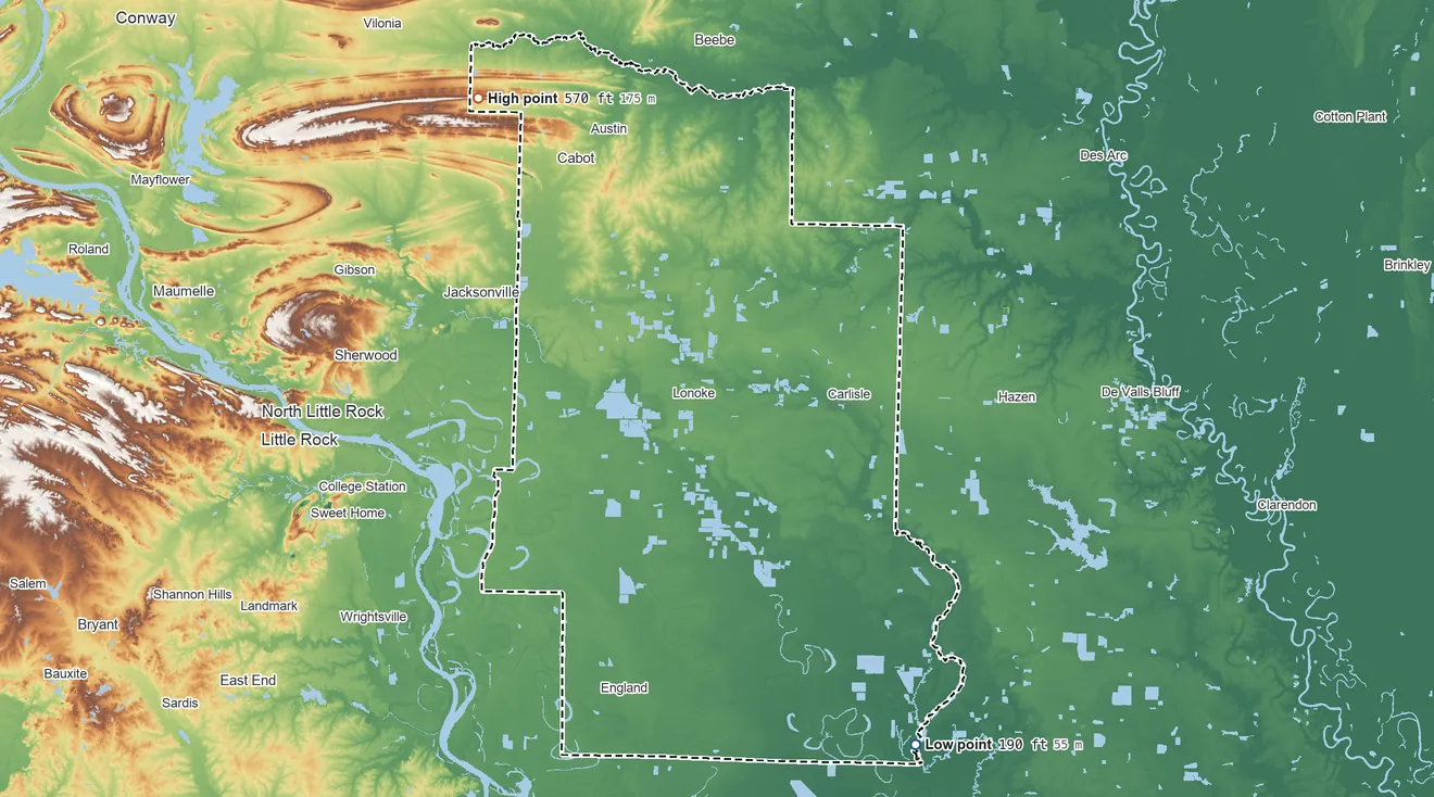 Topographic elevation map of Lonoke County, Arkansas, shaded from 190 ft on the southeast side to 570 ft on the northwest side