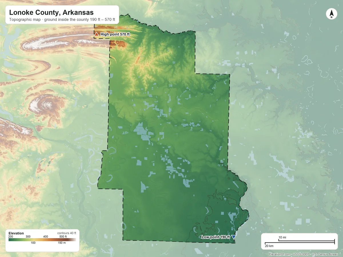 Topographic elevation map of Lonoke County, Arkansas, shaded from 190 ft on the southeast side to 570 ft on the northwest side