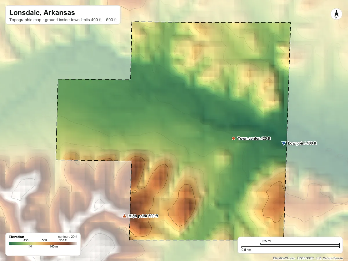 Topographic elevation map of Lonsdale, Arkansas, shaded from 400 ft on the east side to 590 ft on the southwest side
