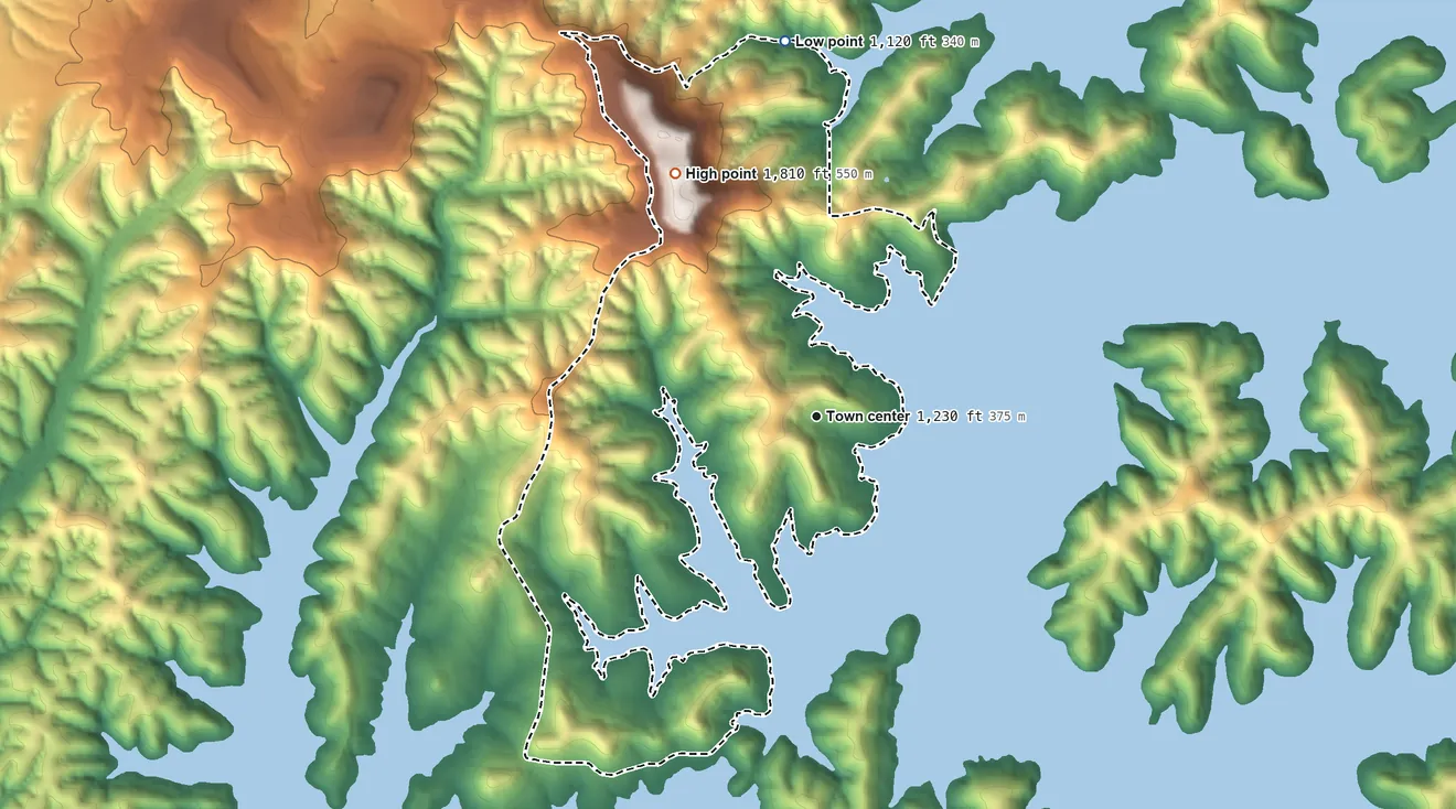 Topographic elevation map of Lost Bridge Village, Arkansas, shaded from 1,120 ft on the north side to 1,810 ft on Whitney Mountain