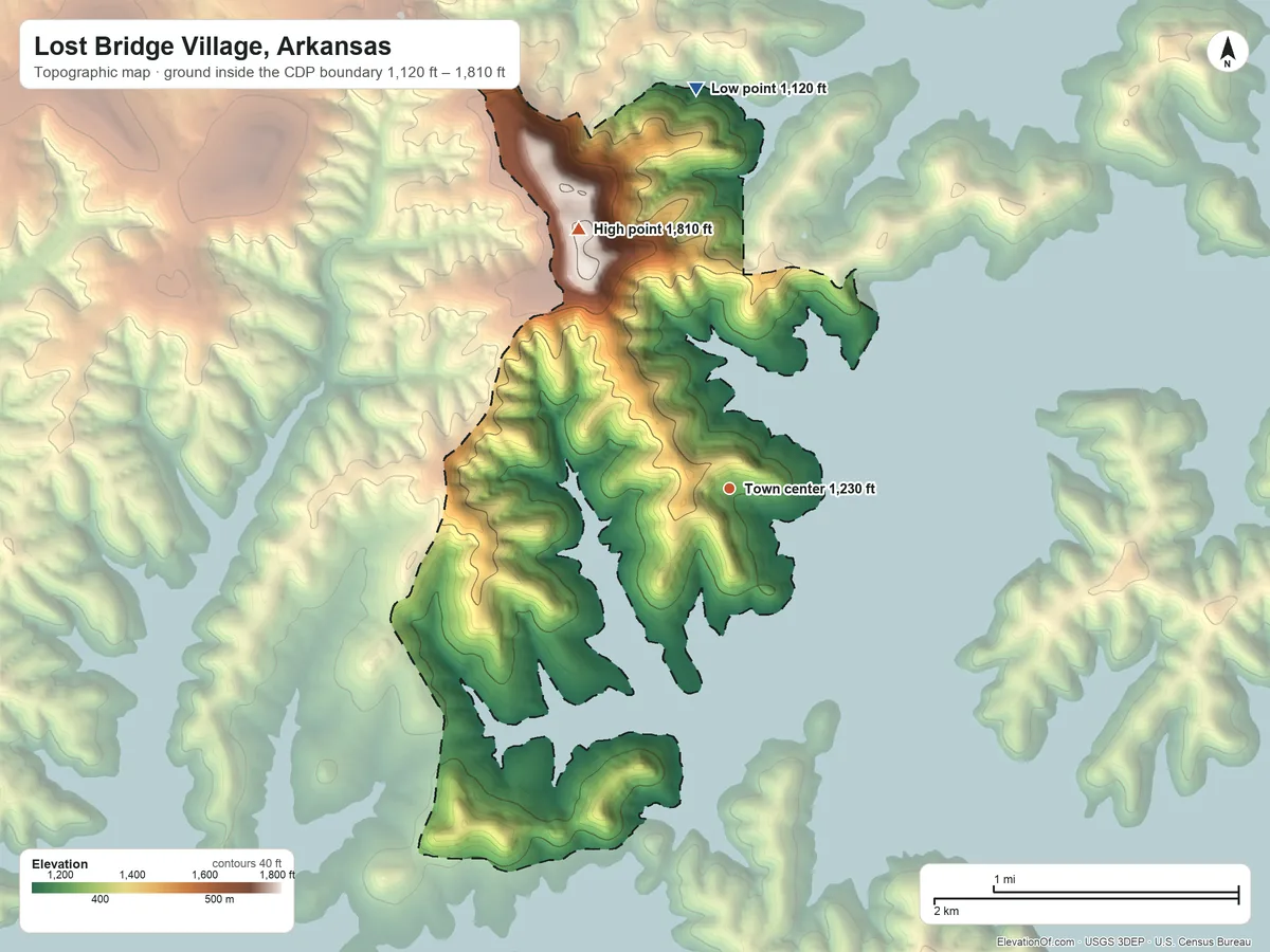 Topographic elevation map of Lost Bridge Village, Arkansas, shaded from 1,120 ft on the north side to 1,810 ft on Whitney Mountain
