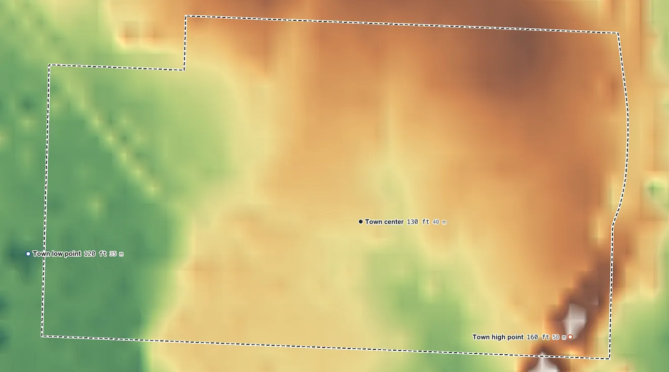 Topographic elevation map of Louann, Arkansas, shaded from 120 ft on the west side to 160 ft on the southeast side
