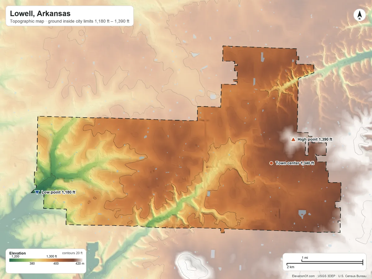 Topographic elevation map of Lowell, Arkansas, shaded from 1,180 ft on the west side to 1,390 ft near the middle