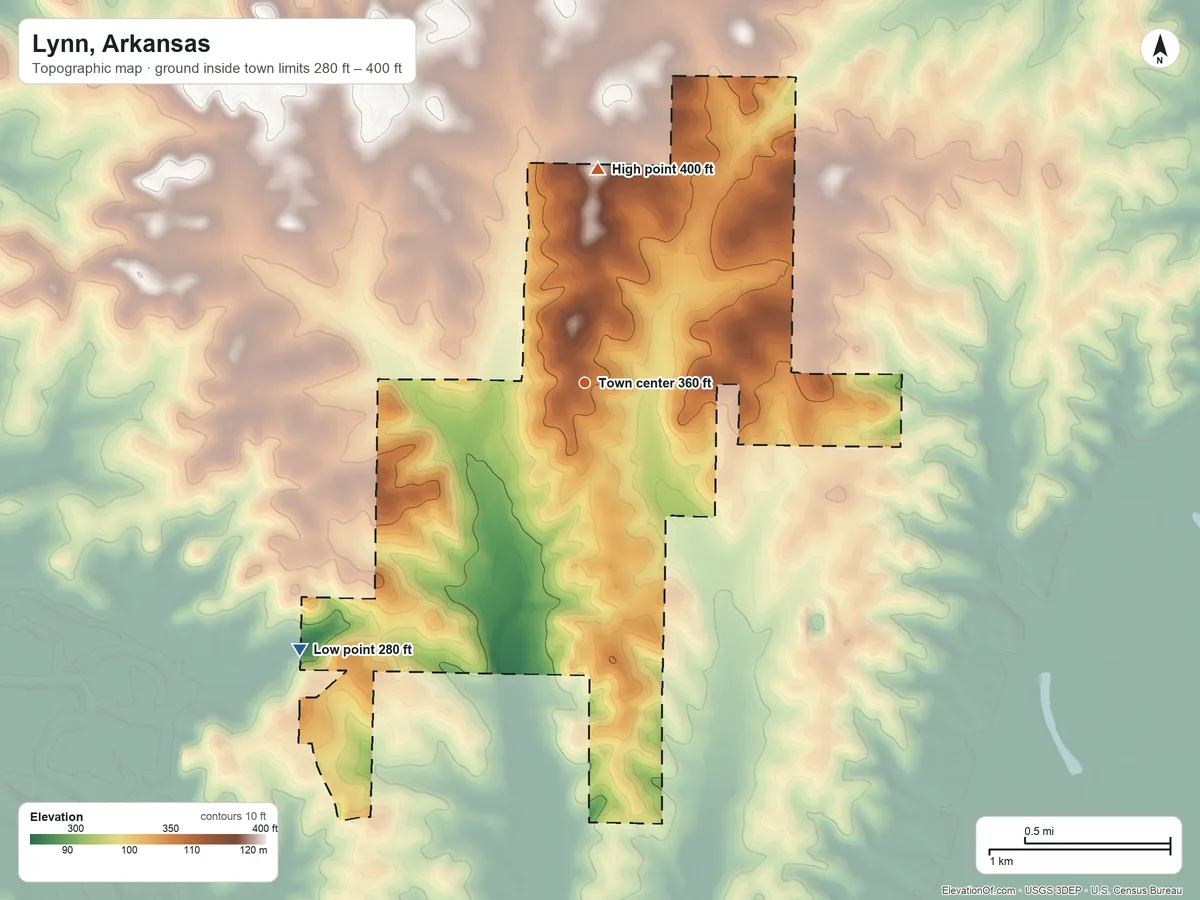 Topographic elevation map of Lynn, Arkansas, shaded from 280 ft on the southwest side to 400 ft on the north side