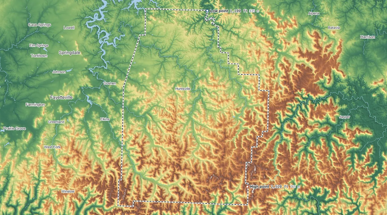 Topographic elevation map of Madison County, Arkansas, shaded from 1,100 ft on the north side to 2,520 ft on the southeast side