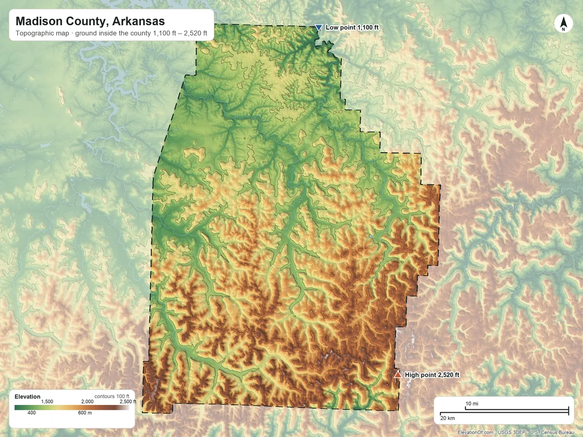 Topographic elevation map of Madison County, Arkansas, shaded from 1,100 ft on the north side to 2,520 ft on the southeast side