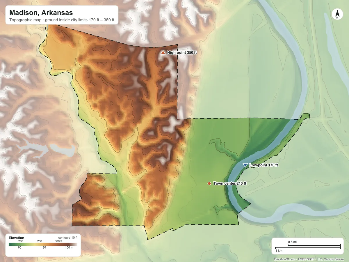 Topographic elevation map of Madison, Arkansas, shaded from 170 ft on the northeast side to 350 ft on the north side