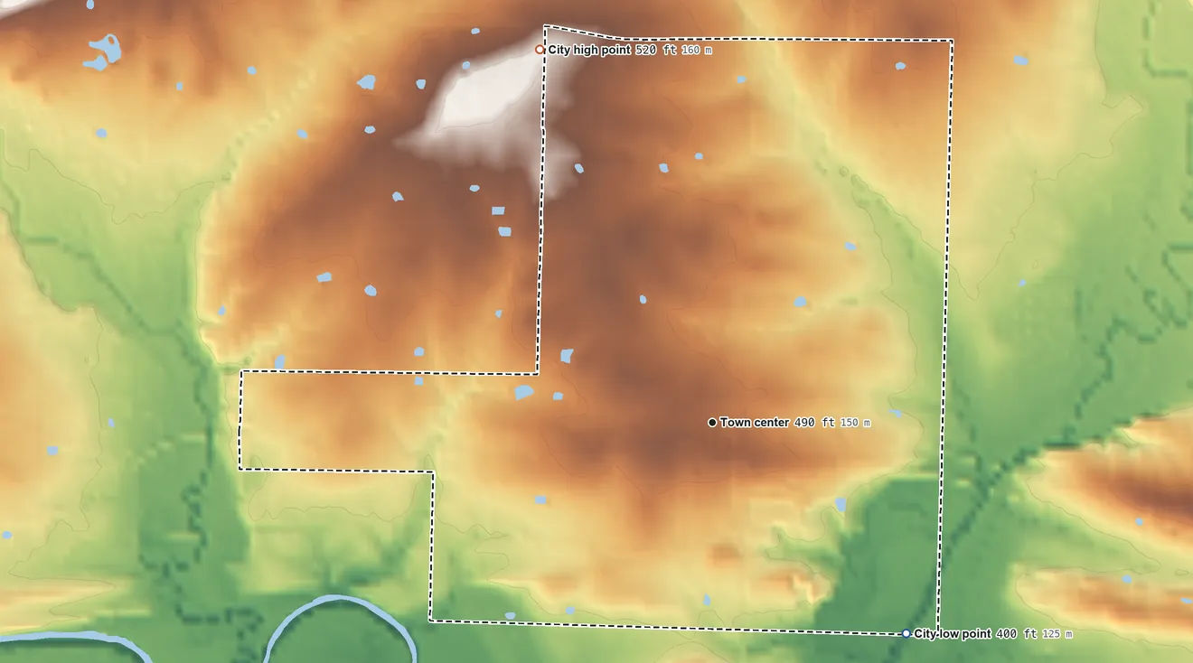 Topographic elevation map of Magazine, Arkansas, shaded from 400 ft on the southeast side to 520 ft on the northwest side