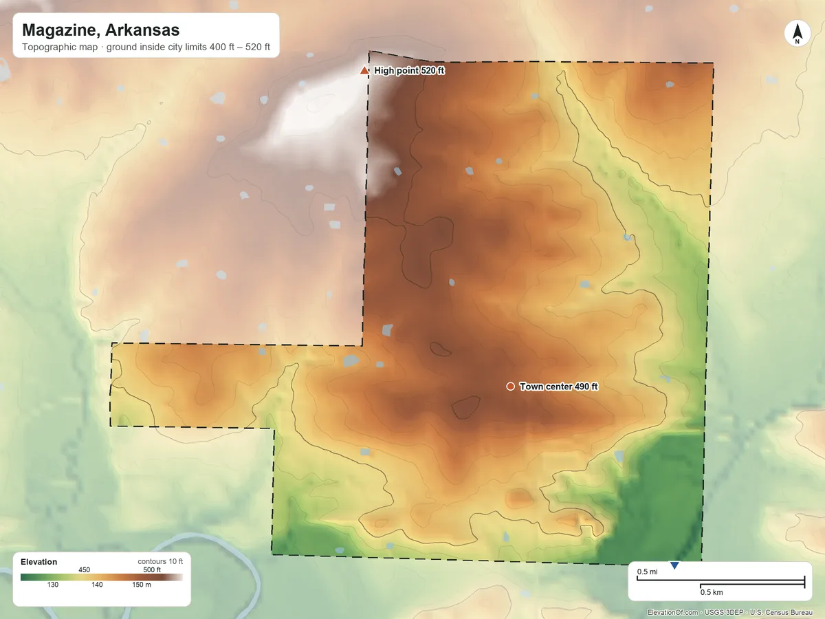 Topographic elevation map of Magazine, Arkansas, shaded from 400 ft on the southeast side to 520 ft on the northwest side