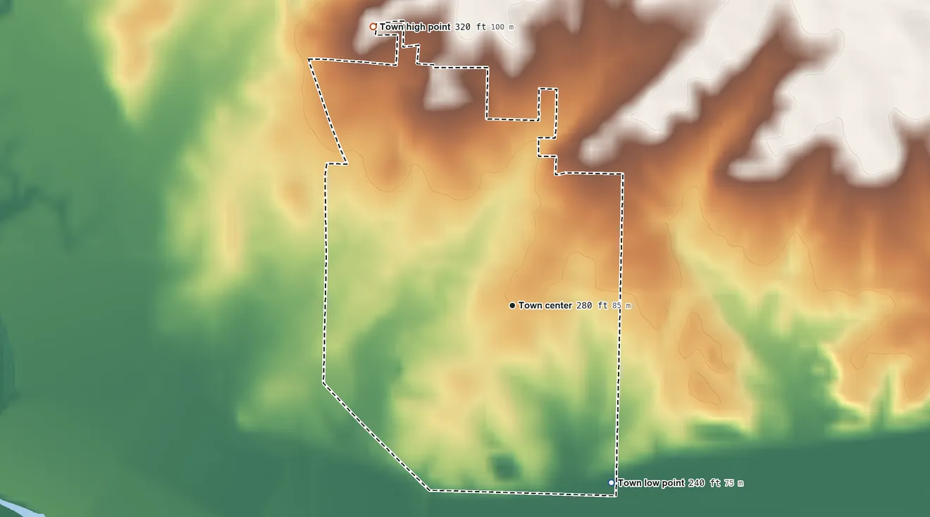 Topographic elevation map of Magness, Arkansas, shaded from 240 ft on the southeast side to 320 ft on the northwest side