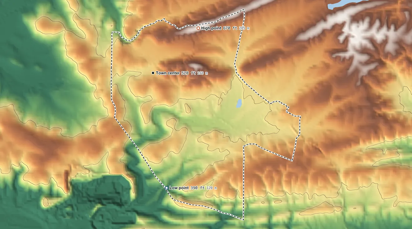 Topographic elevation map of Magnet Cove, Arkansas, shaded from 390 ft on the south side to 670 ft on the northeast side