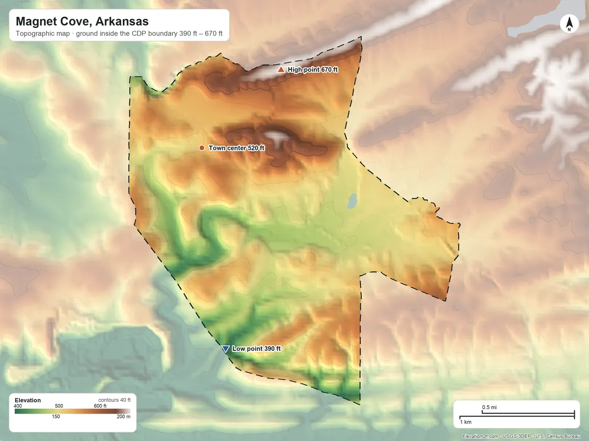 Topographic elevation map of Magnet Cove, Arkansas, shaded from 390 ft on the south side to 670 ft on the northeast side