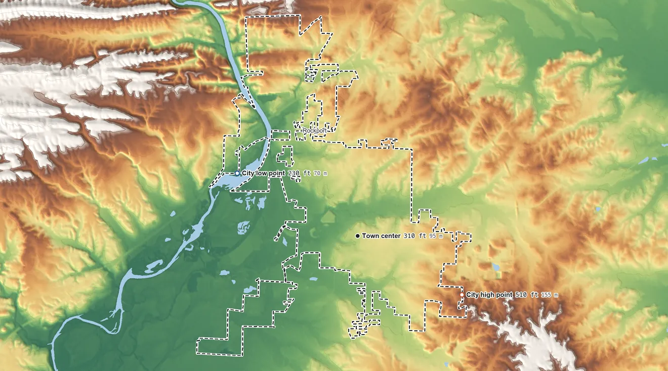 Topographic elevation map of Malvern, Arkansas, shaded from 230 ft on the northwest side to 510 ft on the southeast side