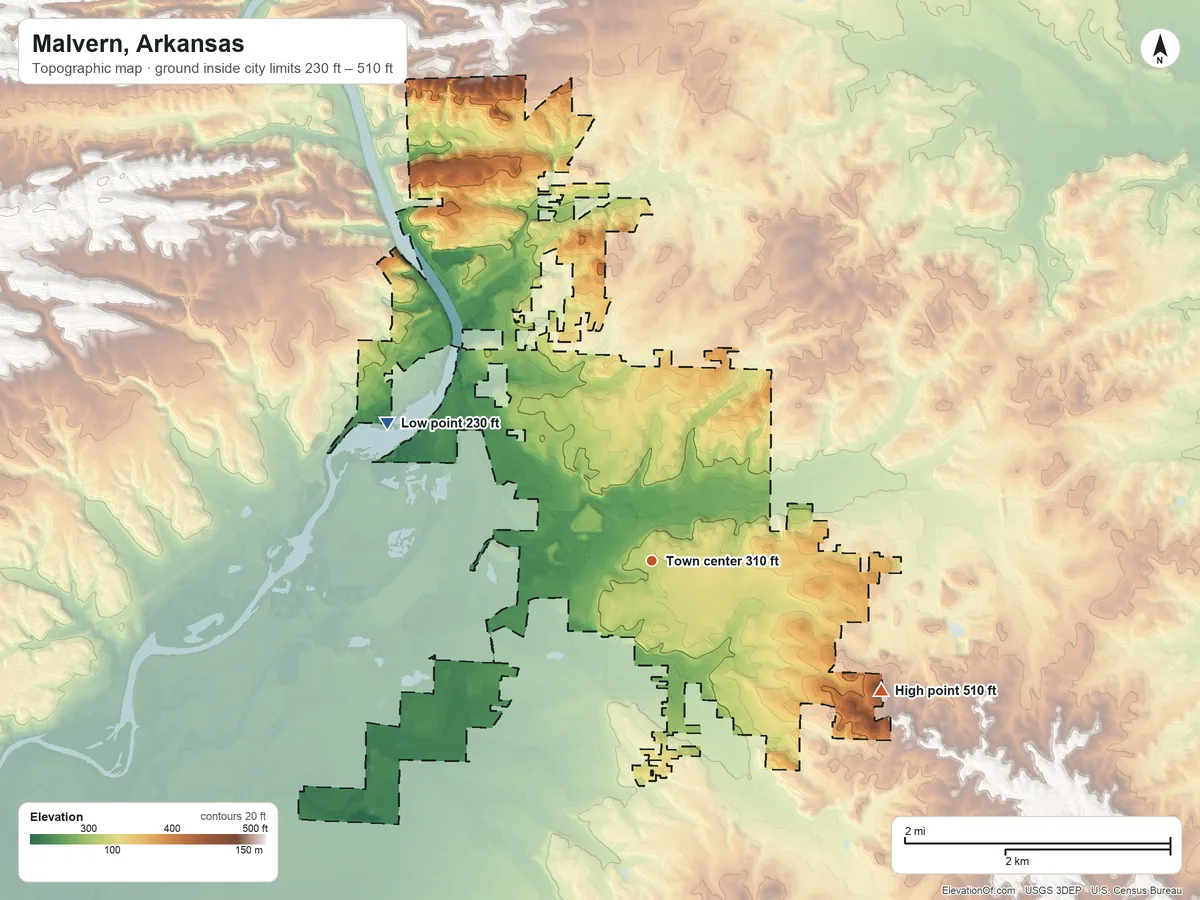 Topographic elevation map of Malvern, Arkansas, shaded from 230 ft on the northwest side to 510 ft on the southeast side