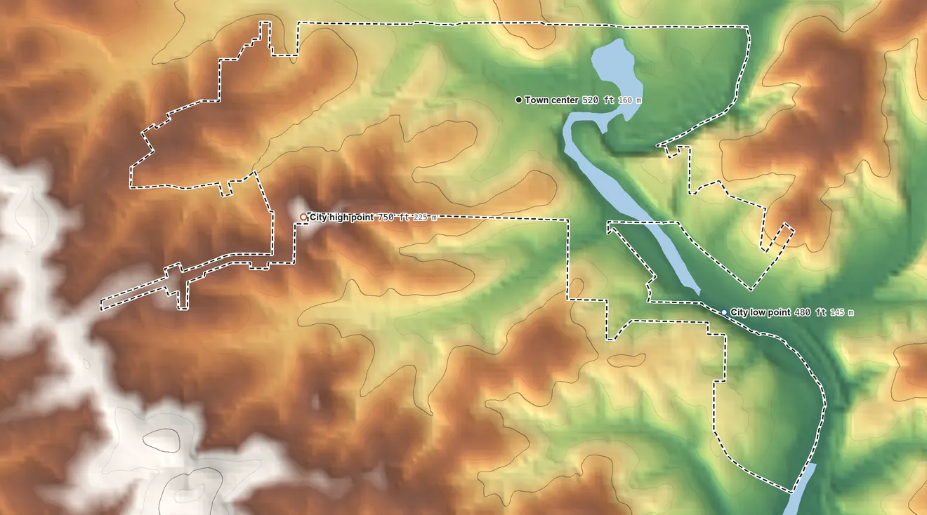Topographic elevation map of Mammoth Spring, Arkansas, shaded from 480 ft on the southeast side to 750 ft on the southwest side