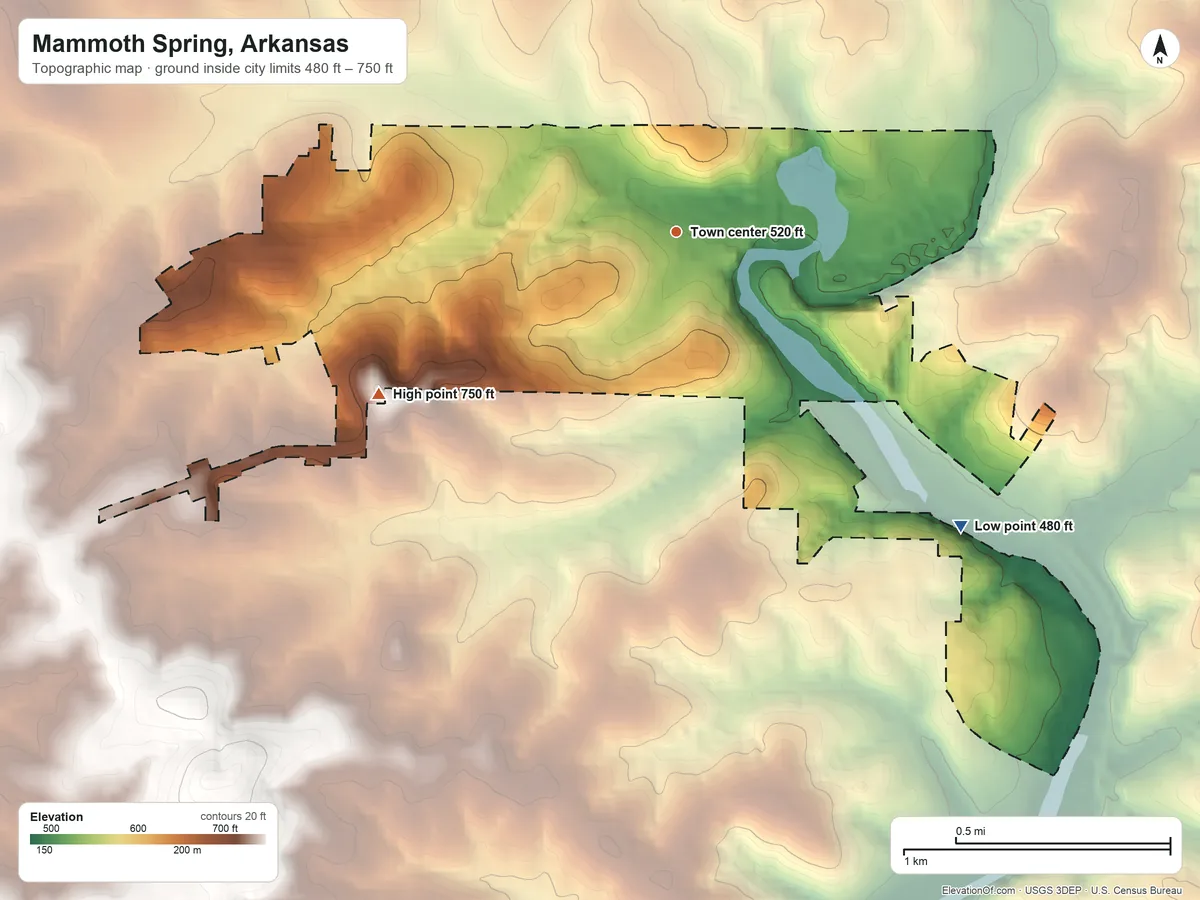 Topographic elevation map of Mammoth Spring, Arkansas, shaded from 480 ft on the southeast side to 750 ft on the southwest side