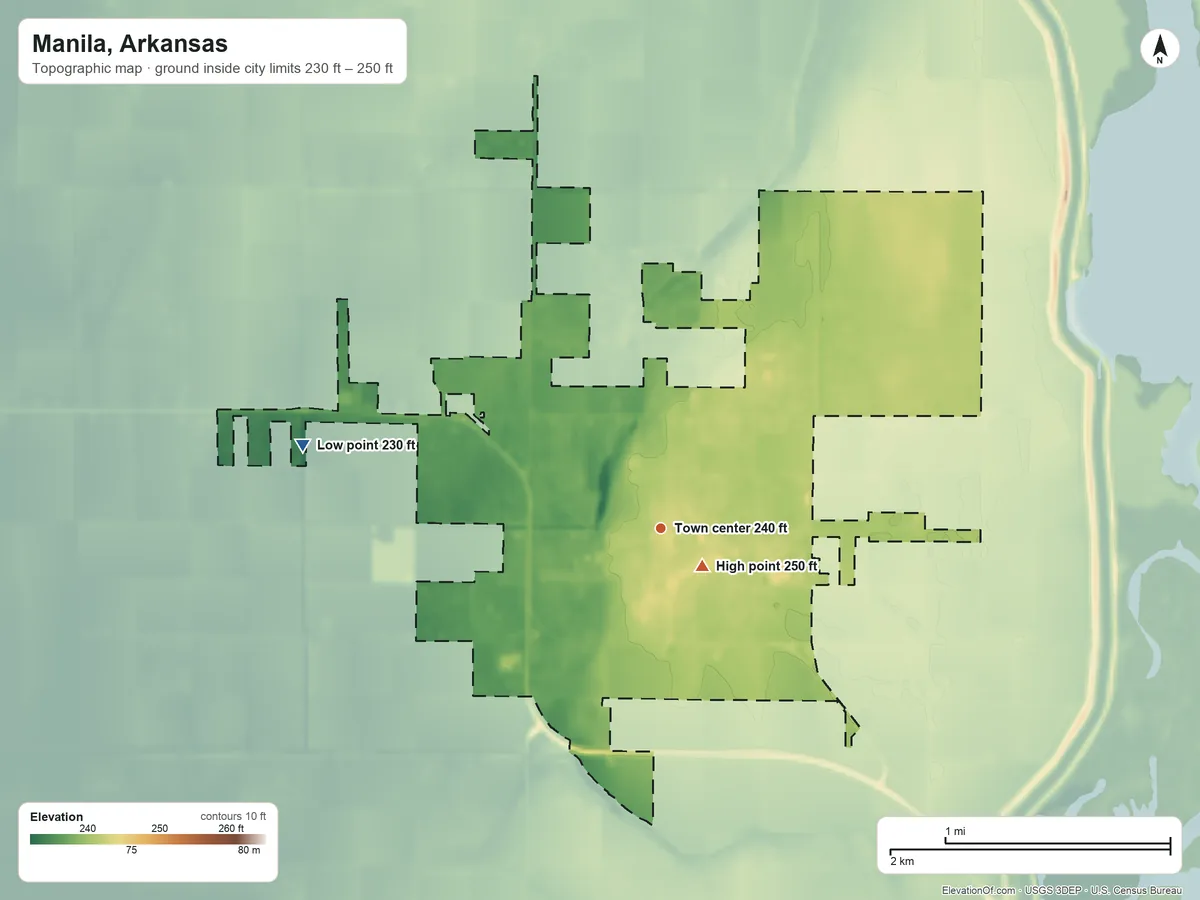 Topographic elevation map of Manila, Arkansas, shaded from 230 ft on the west side to 250 ft near the middle