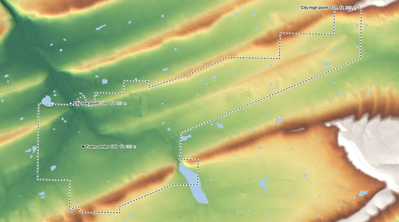Topographic elevation map of Mansfield, Arkansas, shaded from 580 ft on the north side to 810 ft on the northeast side