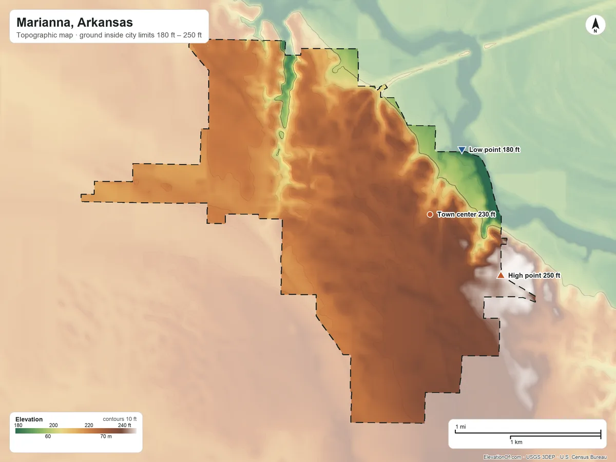 Topographic elevation map of Marianna, Arkansas, shaded from 180 ft on the northeast side to 250 ft on the southeast side